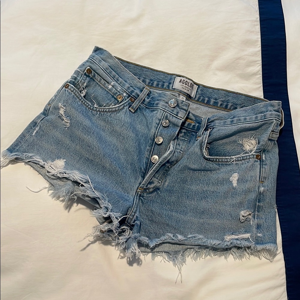 Agolde Blue Distressed Jean Shorts with Frayed Hem